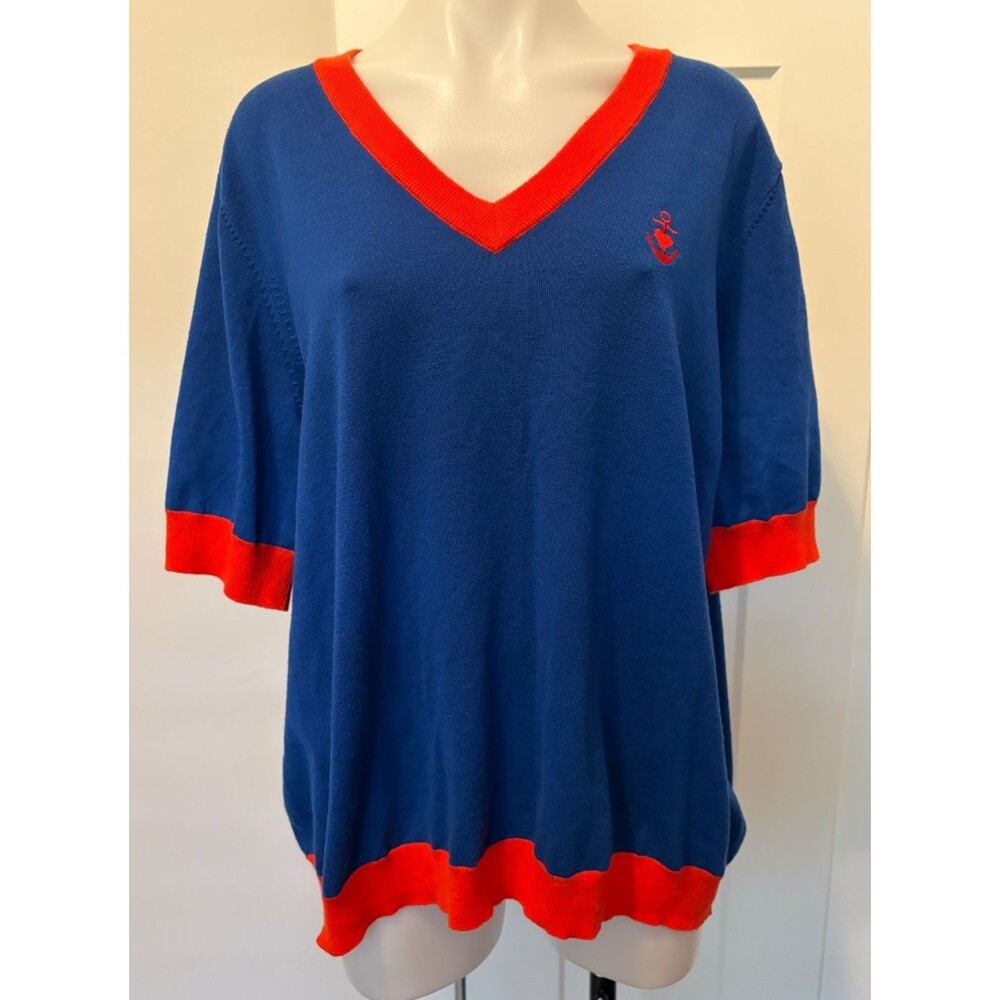 MODCLOTH Womens SWEATER Short Sleeve BLUE Orange V-Neck Size 4X